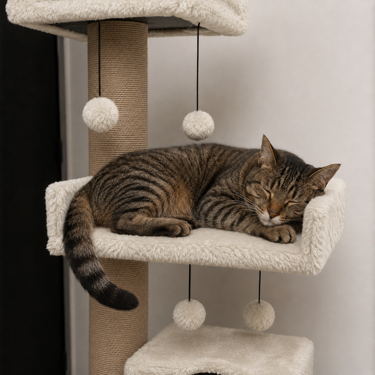 Gato descansando en el rascador multi-nivel